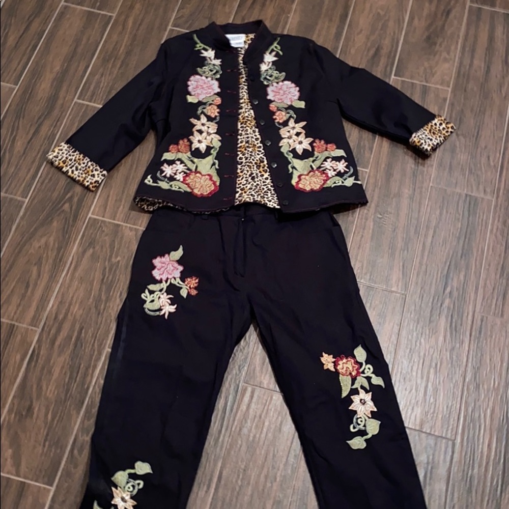 Floral Embroidered Black Pants & Jacket Set